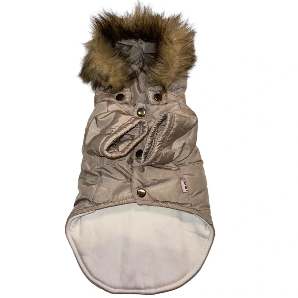 Stylish Tan Dog Jacket with Faux Fur Trim - size S (up to 10 lbs) NWOT